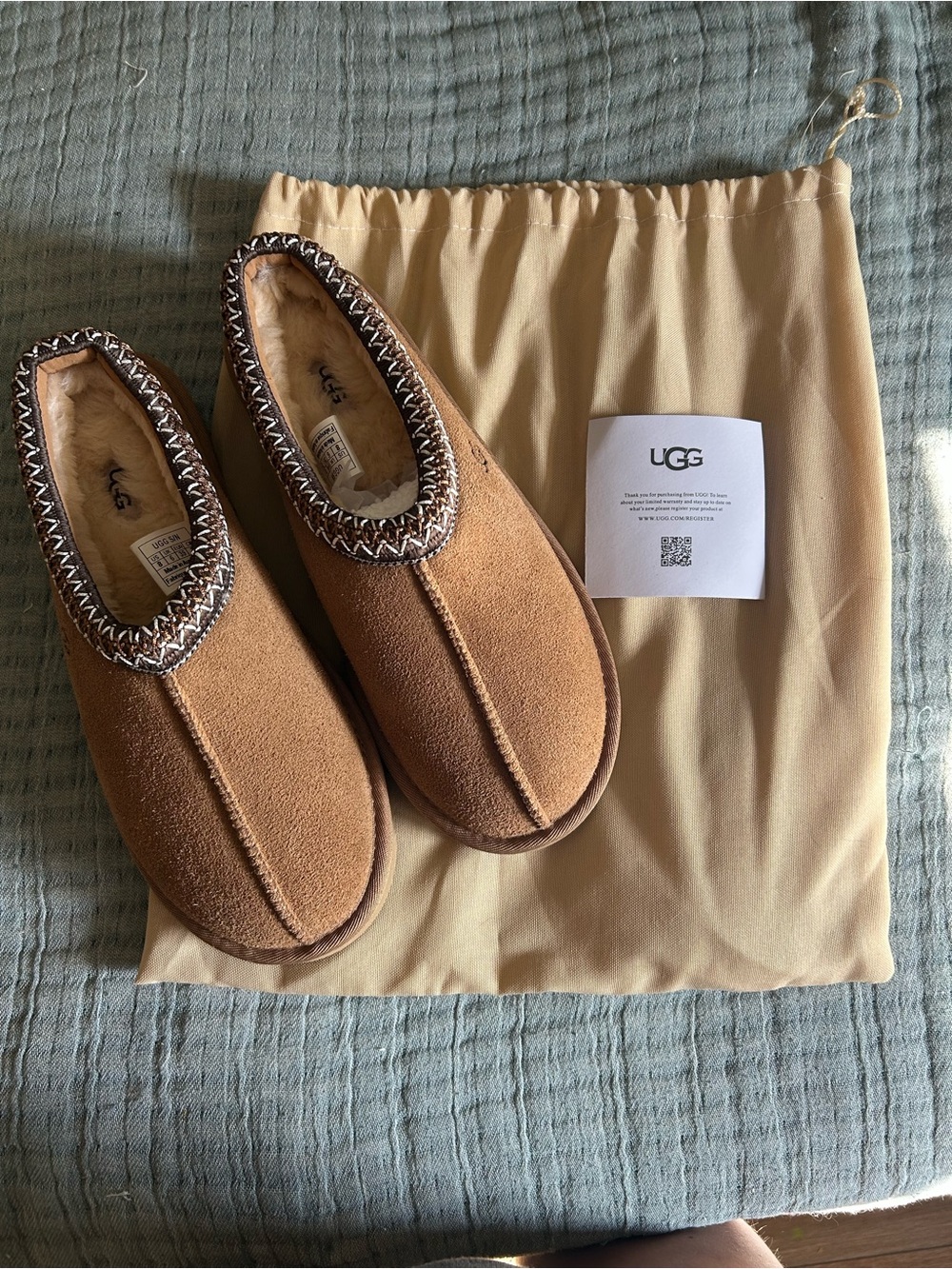 UGG Women’s Chestnut Brown Suede Slip-On Slippers with Shearling Trim